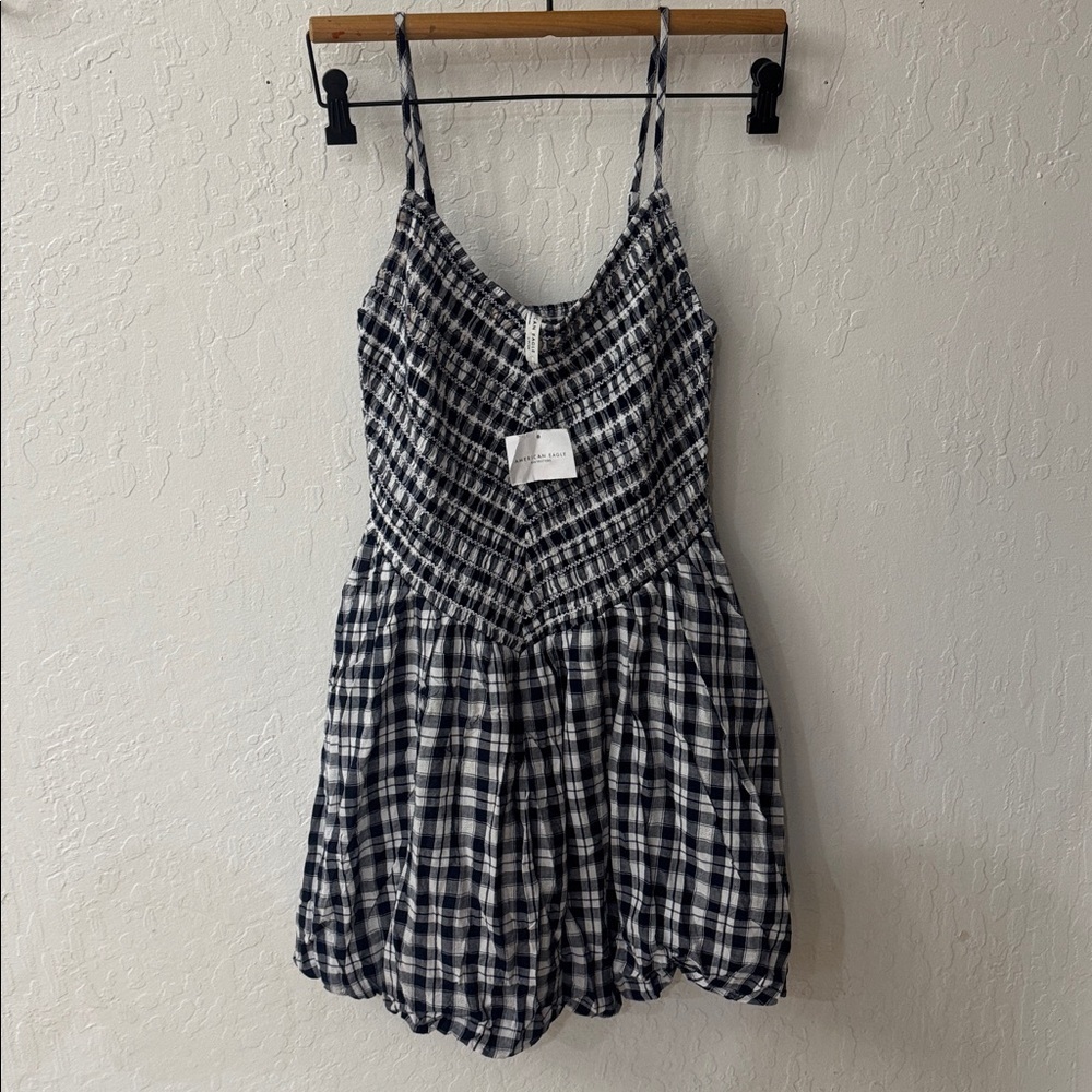 American Eagle Gingham Plaid Blue White Bella Mini Bubble Dress Small NWT - Picture 3 of 8